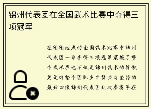 锦州代表团在全国武术比赛中夺得三项冠军